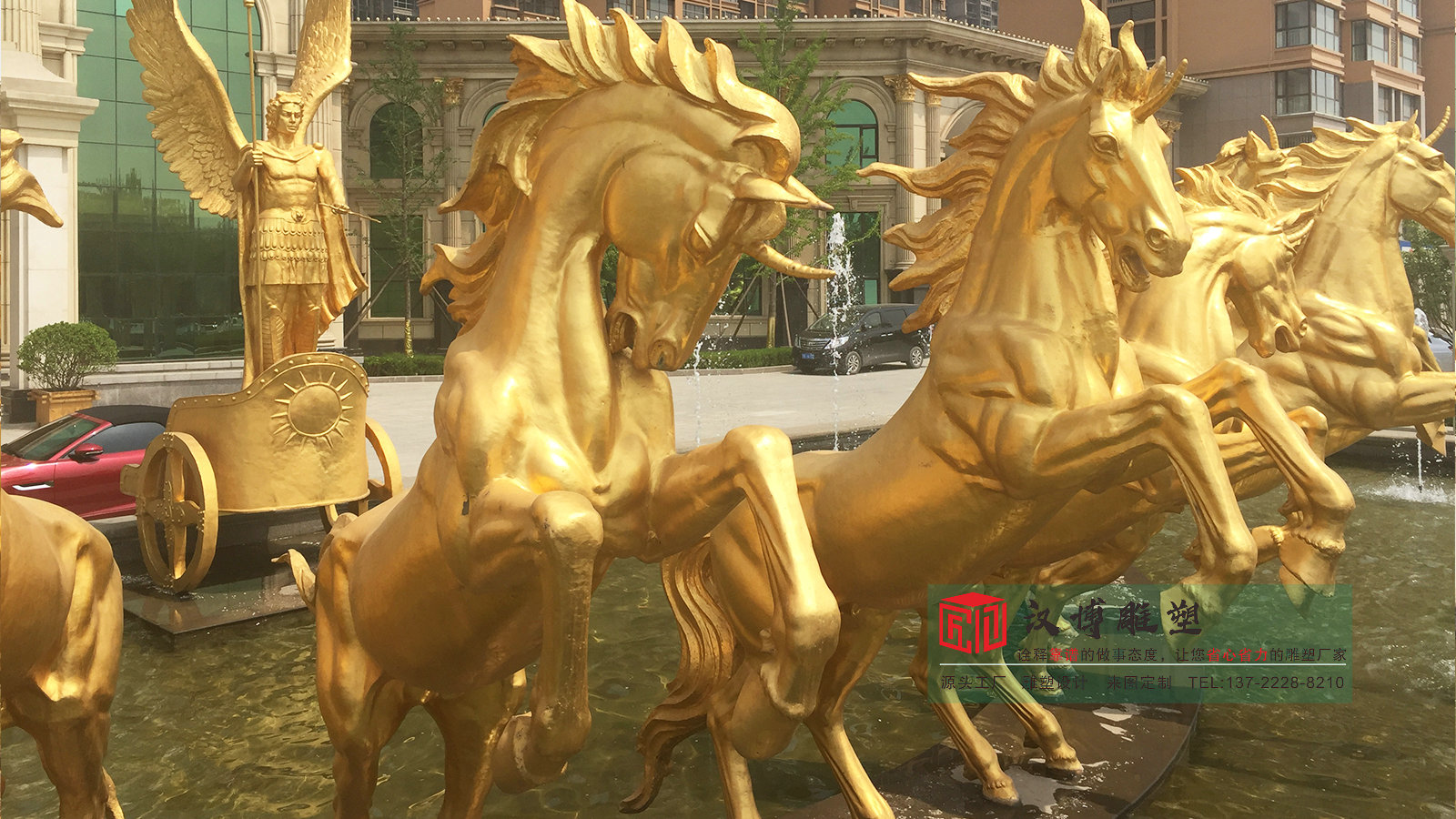 玻璃钢仿铜欧式风格马车雕塑,售楼处酒店门口景观,仿铜马雕塑厂家定制