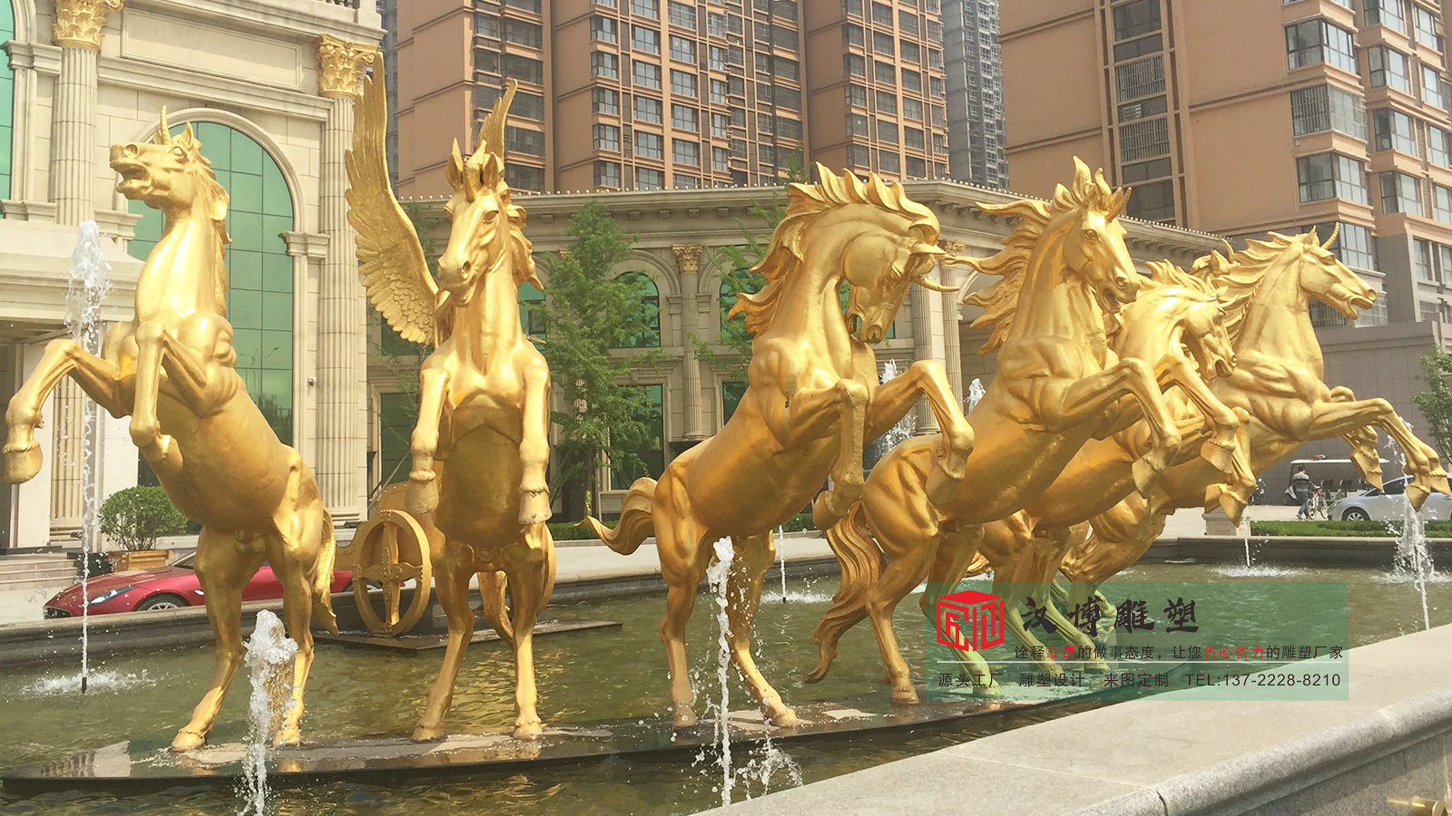 玻璃钢欧式风格马车雕塑,户外酒店售楼处小区景观,仿铜马雕塑厂家定制