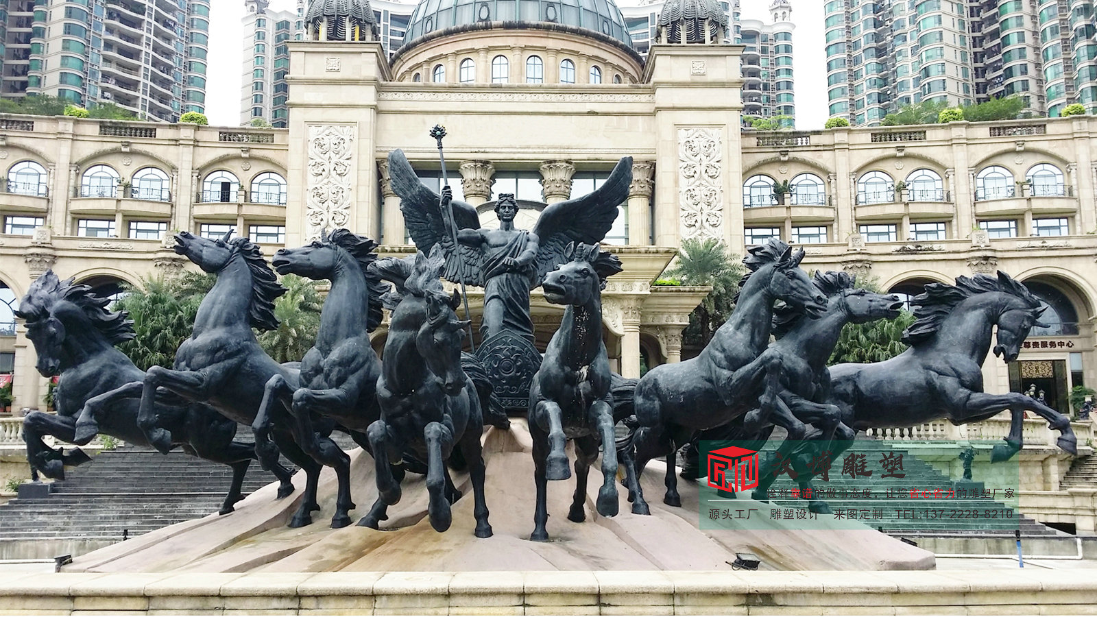 玻璃钢欧式马车雕塑,户外酒店门口景观,仿铜马雕塑厂家定制