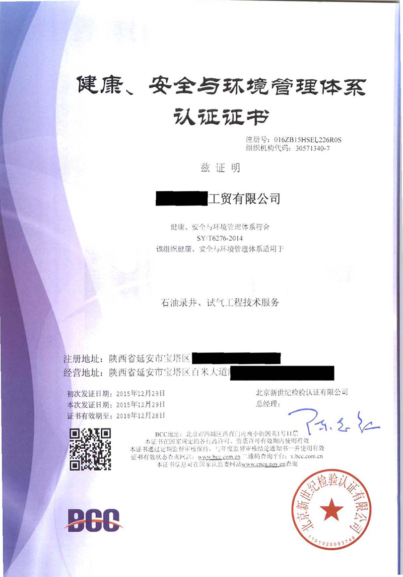 HSE石油行業健康、安全、環境管理體系證書